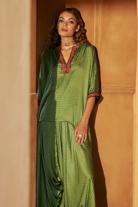 Shop Avacara Green Modal Satin And Embroidery Handblock Kaftan & Draped Pant Set at Aza Fashions Shop_Avacara_Green Modal Satin And Embroidery Handblock Kaftan & Draped Pant Set_at_Aza_Fashions