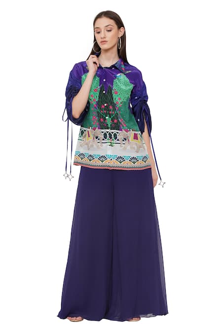 Limerick By Abirr N' Nanki Purple Crepe Botanical, Elephant Collared Neck Avaah Printed Shirt 