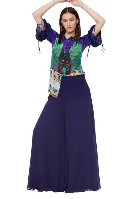 Buy_Limerick By Abirr N' Nanki_Purple Crepe Botanical, Elephant Collared Neck Avaah Printed Shirt _Online_at_Aza_Fashions