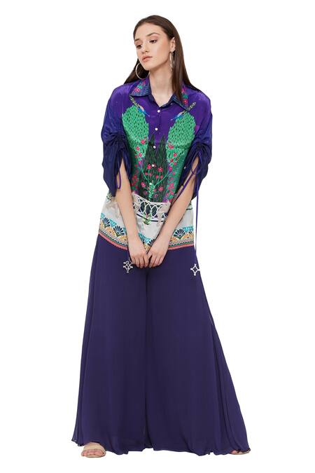 Shop_Limerick By Abirr N' Nanki_Purple Crepe Botanical, Elephant Collared Neck Avaah Printed Shirt _Online_at_Aza_Fashions