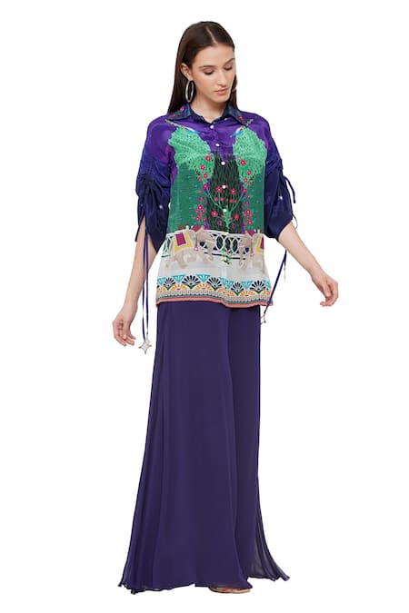 Limerick By Abirr N' Nanki_Purple Crepe Botanical, Elephant Collared Neck Avaah Printed Shirt _at_Aza_Fashions