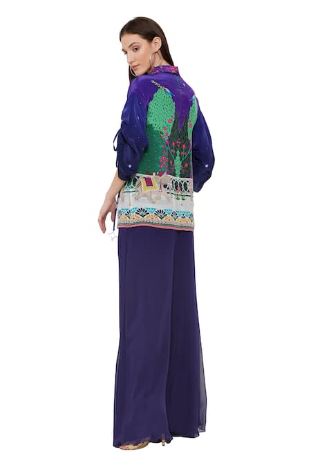 Shop_Limerick By Abirr N' Nanki_Purple Crepe Botanical, Elephant Collared Neck Avaah Printed Shirt _at_Aza_Fashions