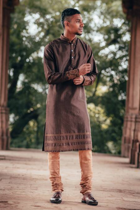 Shop Anurav Brown Dupion Silk Embroidered Kurta Set at Aza Fashions Shop_Anurav_Brown Dupion Silk Embroidered Kurta Set _at_Aza_Fashions