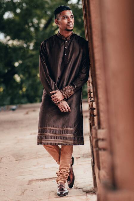 Anurav Brown Dupion Silk Embroidered Kurta Set