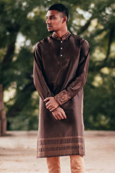 Anurav Brown Dupion Silk Embroidered Kurta Set Online at Aza Fashions Anurav_Brown Dupion Silk Embroidered Kurta Set _Online_at_Aza_Fashions