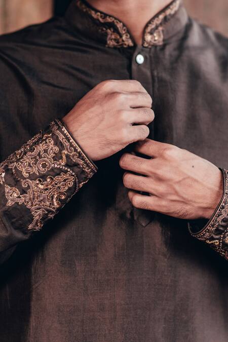 Shop Anurav Brown Dupion Silk Embroidered Kurta Set Online at Aza Fashions Shop_Anurav_Brown Dupion Silk Embroidered Kurta Set _Online_at_Aza_Fashions