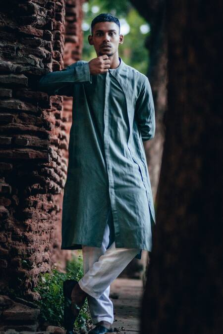 Buy_Anurav_Blue Linen Blend Kurta_Online_at_Aza_Fashions