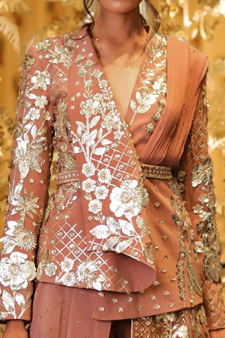 Shop_Sahil Kochhar_Pink Sequin And Cutdana, Beads, 3d Applique Avayav Embellished Jacket & Pant Set _at_Aza_Fashions