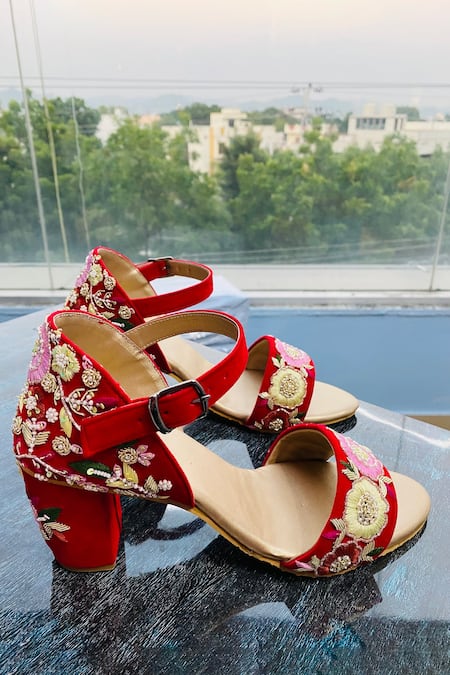 Buy Peach Embroidered Ivey Block Heels by Around Always Online at Aza  Fashions.
