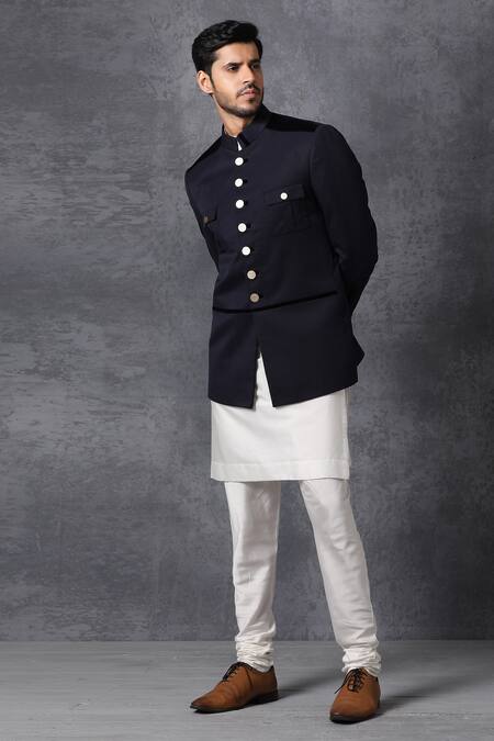 Shop_Ankit V Kapoor_Blue Suiting Button Down Bandhgala _Online_at_Aza_Fashions