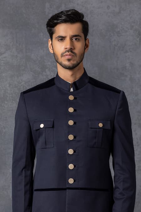Ankit V Kapoor_Blue Suiting Button Down Bandhgala _at_Aza_Fashions