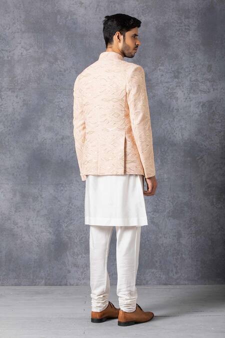 Shop_Ankit V Kapoor_Peach Pure Georgette Embroidered Bandhgala _at_Aza_Fashions