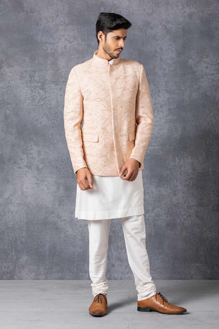 Ankit V Kapoor_Peach Pure Georgette Embroidered Bandhgala _Online_at_Aza_Fashions