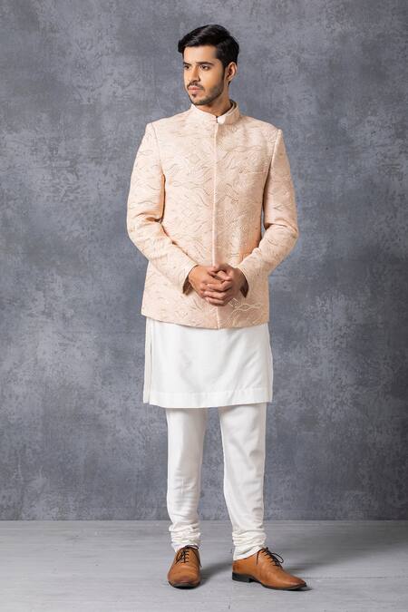 Buy_Ankit V Kapoor_Peach Pure Georgette Embroidered Bandhgala _Online_at_Aza_Fashions