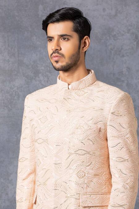 Shop_Ankit V Kapoor_Peach Pure Georgette Embroidered Bandhgala _Online_at_Aza_Fashions
