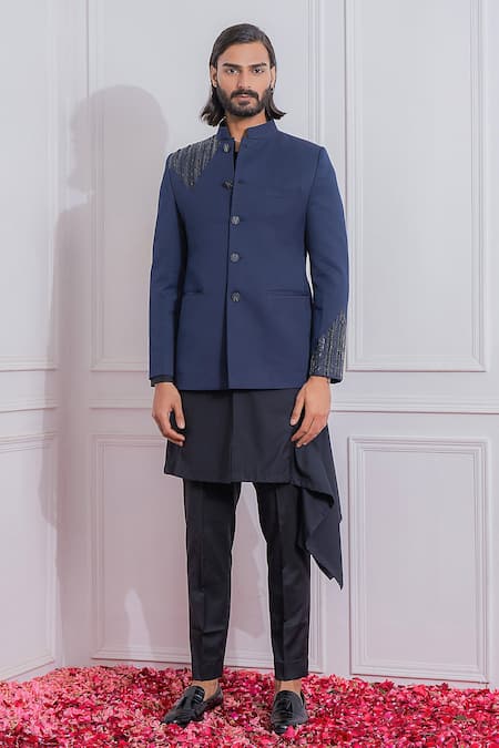 Ankit V Kapoor_Blue Suiting Geometric Embroidered Bandhgala_Online_at_Aza_Fashions