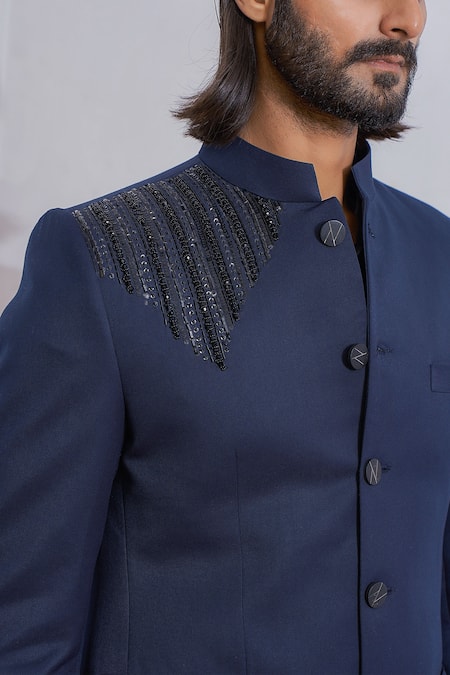 Buy_Ankit V Kapoor_Blue Suiting Geometric Embroidered Bandhgala_Online_at_Aza_Fashions