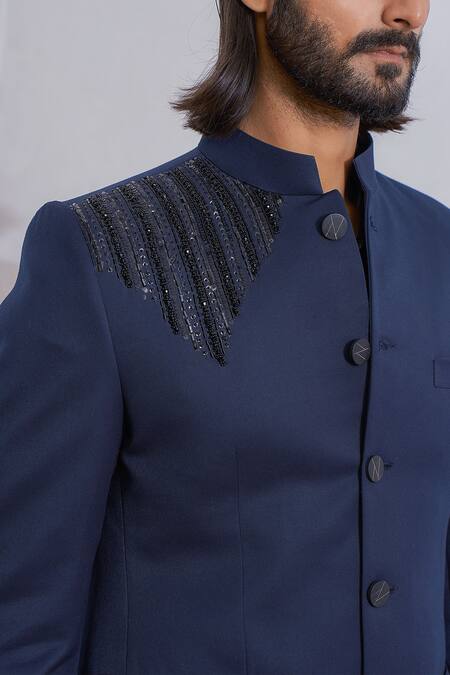 Shop_Ankit V Kapoor_Blue Suiting Geometric Embroidered Bandhgala Set _Online_at_Aza_Fashions