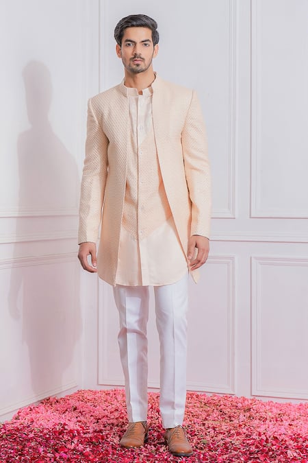 Men's Peach And Blue Printed Woven Nehru Jacket - Absolutely Desi