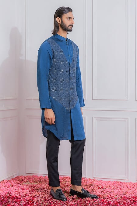 Ankit V Kapoor_Blue Pure Georgette, Satin Linen Sequin Front Open Sherwani And Kurta Set _Online_at_Aza_Fashions