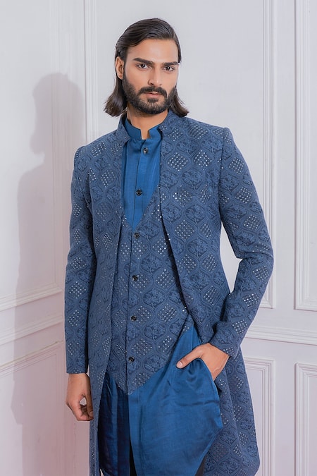 Shop_Ankit V Kapoor_Blue Pure Georgette, Satin Linen Sequin Front Open Sherwani And Kurta Set _Online_at_Aza_Fashions