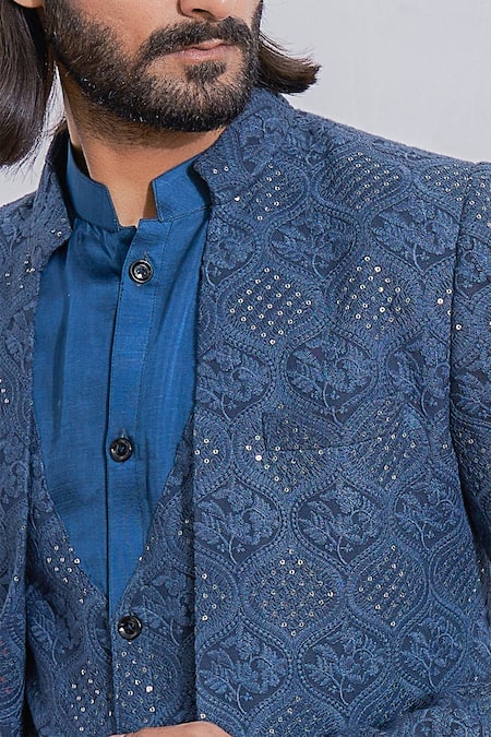 Ankit V Kapoor_Blue Pure Georgette, Satin Linen Sequin Front Open Sherwani And Kurta Set _at_Aza_Fashions