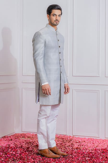 Ankit V Kapoor_Grey Pure Raw Silk Sherwani Set_Online_at_Aza_Fashions