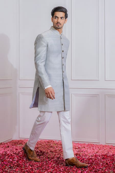 Buy_Ankit V Kapoor_Grey Pure Raw Silk Sherwani Set_Online_at_Aza_Fashions