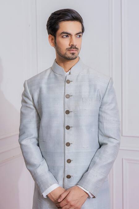 Shop_Ankit V Kapoor_Grey Pure Raw Silk Sherwani Set_Online_at_Aza_Fashions