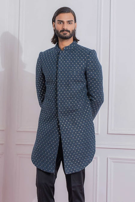 Buy_Ankit V Kapoor_Blue Pure Georgette Sequin Embroidered Sherwani Set_Online_at_Aza_Fashions
