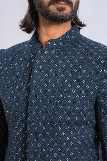 Shop_Ankit V Kapoor_Blue Pure Georgette Sequin Embroidered Sherwani Set_Online_at_Aza_Fashions