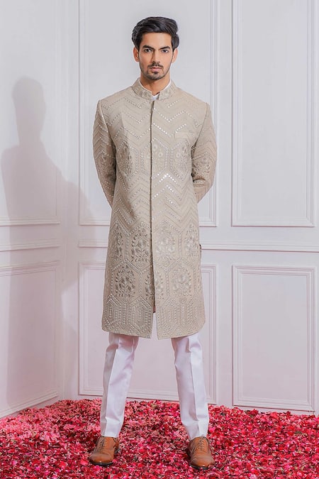 Ankit V Kapoor Grey Pure Georgette Embroidered Mirror Sherwani Set 