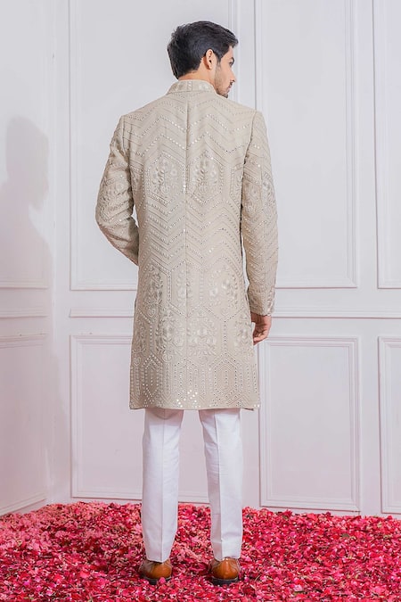 Shop Ankit V Kapoor Grey Pure Georgette Mirror Embroidered Sherwani Set at Aza Fashions Shop_Ankit V Kapoor_Grey Pure Georgette Mirror Embroidered Sherwani Set _at_Aza_Fashions