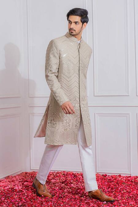 Ankit V Kapoor Grey Pure Georgette Mirror Embroidered Sherwani Set Online at Aza Fashions Ankit V Kapoor_Grey Pure Georgette Mirror Embroidered Sherwani Set _Online_at_Aza_Fashions