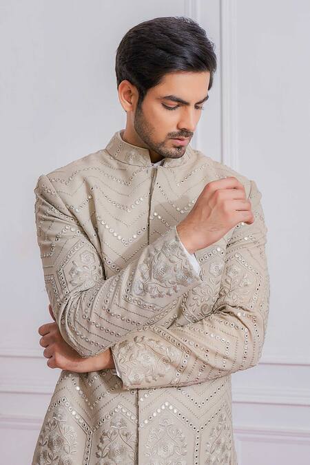 Buy Ankit V Kapoor Grey Pure Georgette Mirror Embroidered Sherwani Set Online at Aza Fashions Buy_Ankit V Kapoor_Grey Pure Georgette Mirror Embroidered Sherwani Set _Online_at_Aza_Fashions