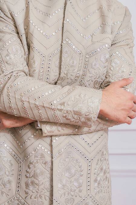 Shop Ankit V Kapoor Grey Pure Georgette Mirror Embroidered Sherwani Set Online at Aza Fashions Shop_Ankit V Kapoor_Grey Pure Georgette Mirror Embroidered Sherwani Set _Online_at_Aza_Fashions