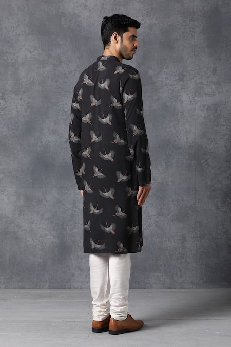 Shop Ankit V Kapoor Black Cotton Bird Print Kurta And Pant Set at Aza Fashions Shop_Ankit V Kapoor_Black Cotton Bird Print Kurta And Pant Set _at_Aza_Fashions