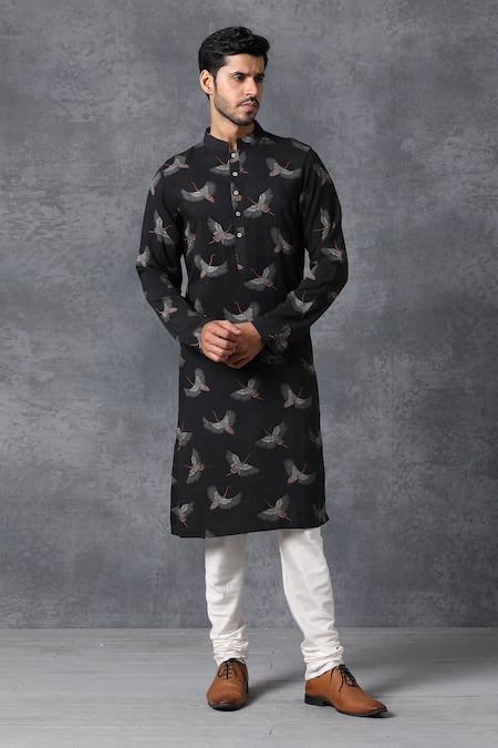 Ankit V Kapoor Black Cotton Bird Print Kurta And Pant Set Online at Aza Fashions Ankit V Kapoor_Black Cotton Bird Print Kurta And Pant Set _Online_at_Aza_Fashions