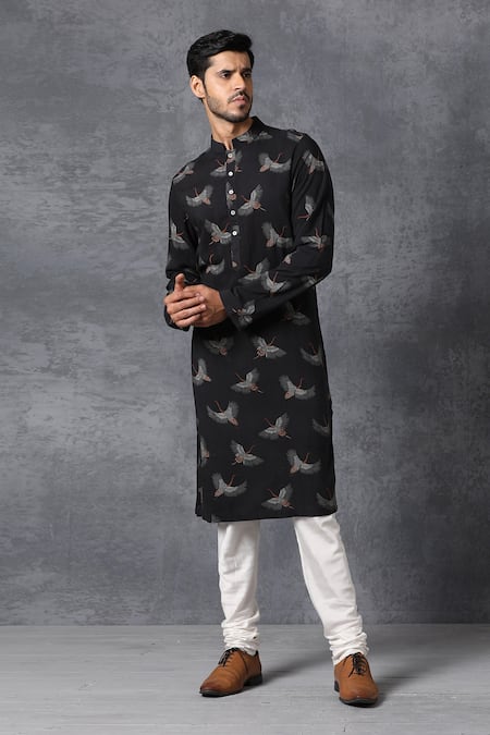 Shop Ankit V Kapoor Black Cotton Bird Print Kurta And Pant Set Online at Aza Fashions Shop_Ankit V Kapoor_Black Cotton Bird Print Kurta And Pant Set _Online_at_Aza_Fashions