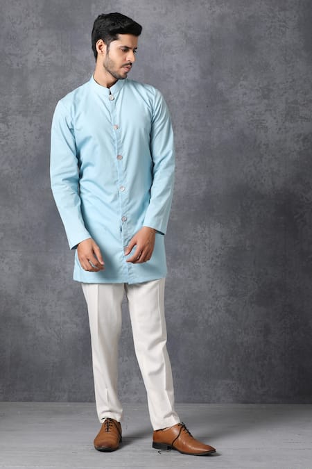 Shop Ankit V Kapoor Blue Cotton Button Down Kurta And Pant Set at Aza Fashions Shop_Ankit V Kapoor_Blue Cotton Button Down Kurta And Pant Set _at_Aza_Fashions