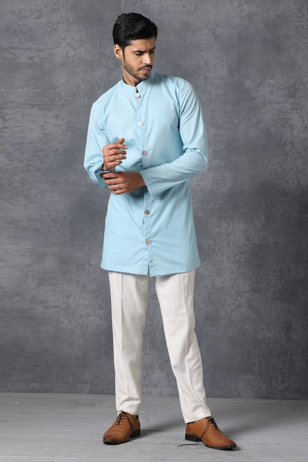 Ankit V Kapoor Blue Cotton Button Down Kurta And Pant Set Online at Aza Fashions Ankit V Kapoor_Blue Cotton Button Down Kurta And Pant Set _Online_at_Aza_Fashions