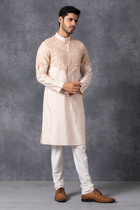 Ankit V Kapoor_Peach Silk, Cotton Embroidered Kurta And Pant Set_Online_at_Aza_Fashions