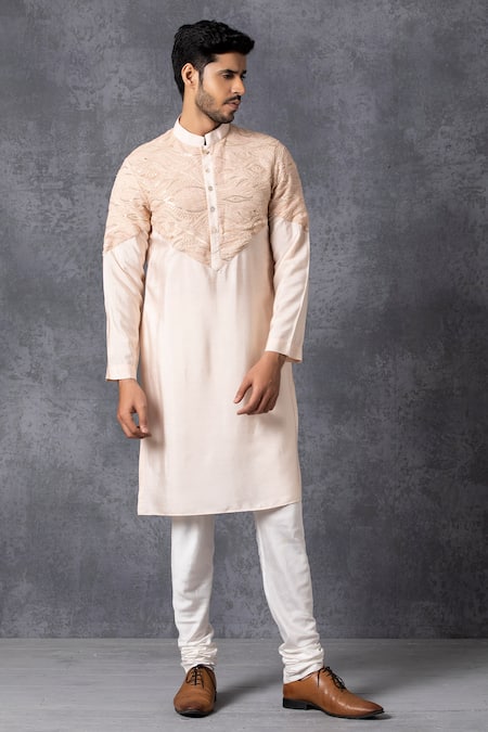 Buy_Ankit V Kapoor_Peach Silk, Cotton Embroidered Kurta And Pant Set_Online_at_Aza_Fashions