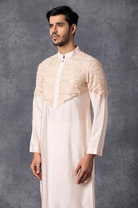 Shop_Ankit V Kapoor_Peach Silk, Cotton Embroidered Kurta And Pant Set_Online_at_Aza_Fashions