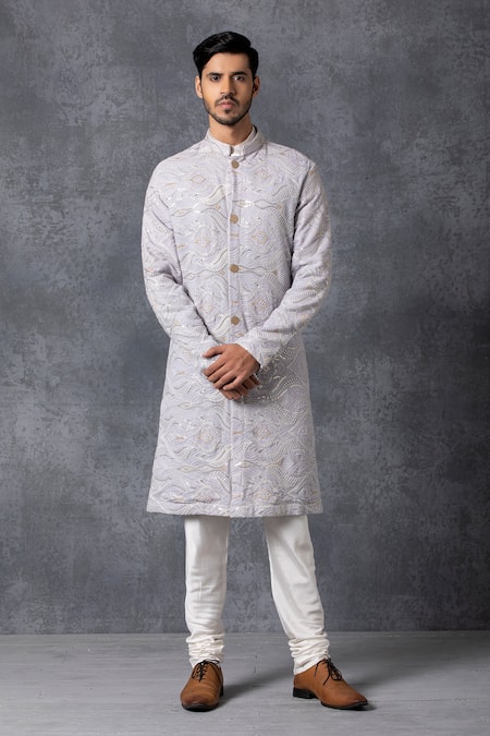 Ankit V Kapoor_Grey Pure Georgette Embroidered Sherwani And Pant Set _Online_at_Aza_Fashions