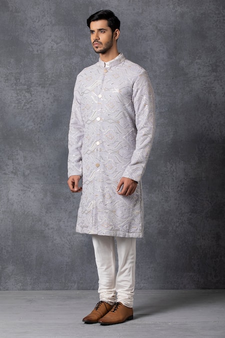 Buy_Ankit V Kapoor_Grey Pure Georgette Embroidered Sherwani And Pant Set _Online_at_Aza_Fashions