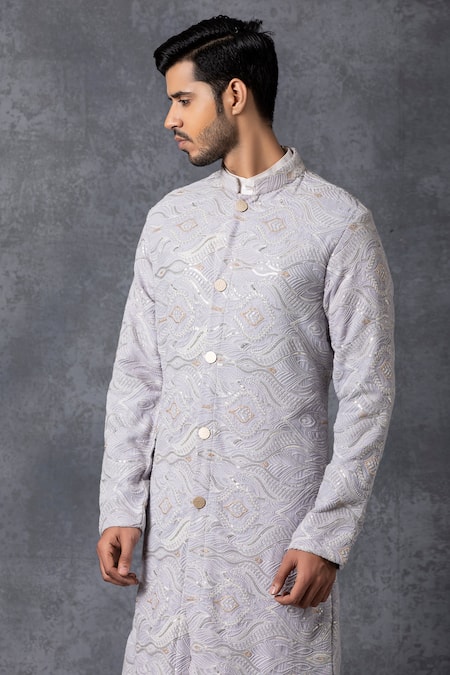 Shop_Ankit V Kapoor_Grey Pure Georgette Embroidered Sherwani And Pant Set _Online_at_Aza_Fashions