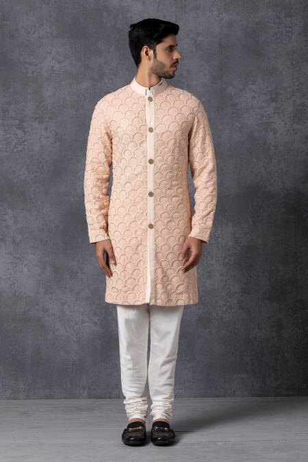 Ankit V Kapoor_Peach Pure Georgette Embroidered Sherwani And Pant Set_Online_at_Aza_Fashions