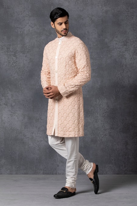 Buy_Ankit V Kapoor_Peach Pure Georgette Embroidered Sherwani And Pant Set_Online_at_Aza_Fashions