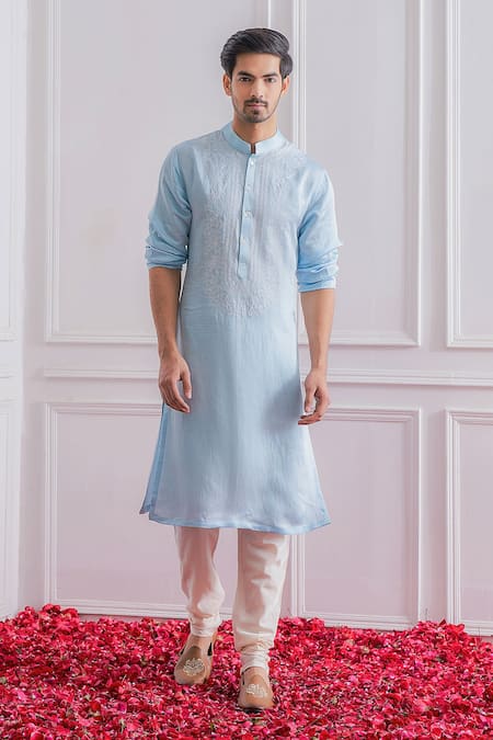 Ankit V Kapoor_Blue Satin Linen Floral Kurta Set_Online_at_Aza_Fashions